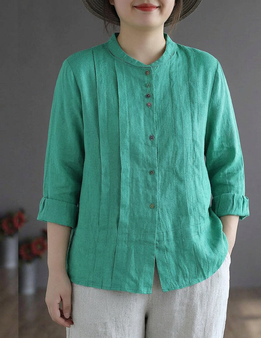 Marguerite - Women Yellow Elegant Button Fall Top Long Sleeve Linen