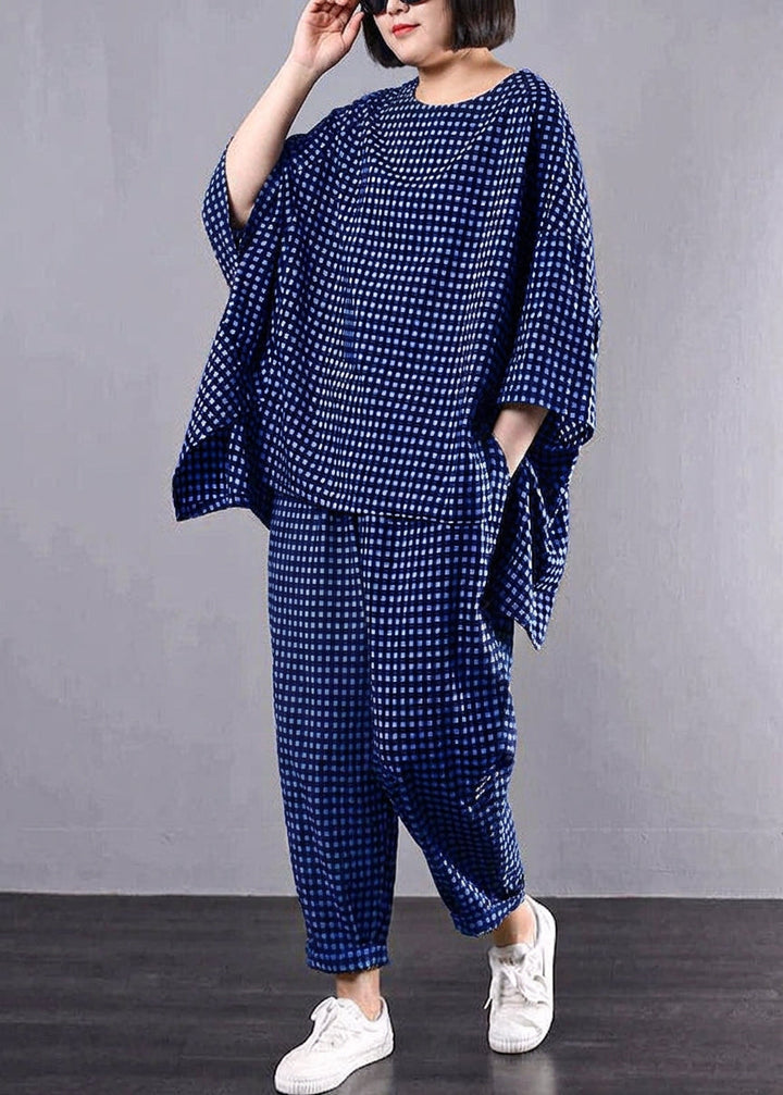 Elke - Casual Plus Size Cotton Linen red Plaid Vintage Blouse And Trousers