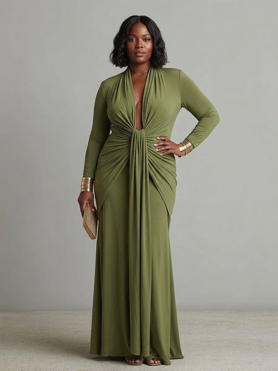 Petra Green Long Dress in Stretch Silk with Deep V-Neck and Ruffled Details, Glamour Maxi Dress