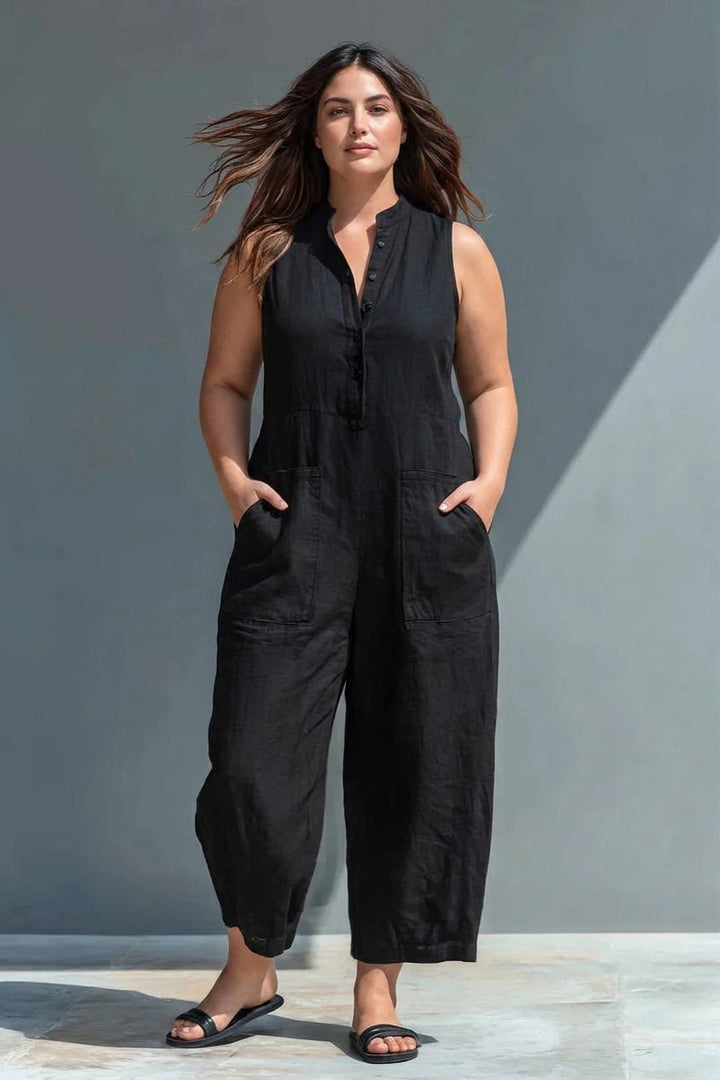 Signy - Black Linen-Blend Collar Jumpsuit