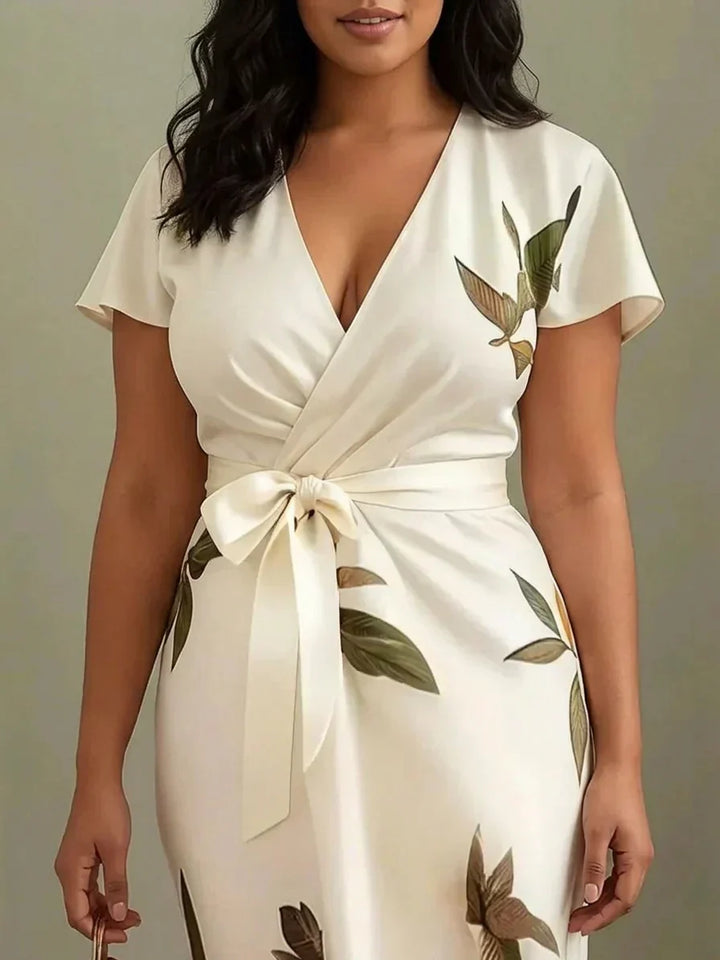 Rosa | White Leaf Short Sleeve Satin Midi Dress