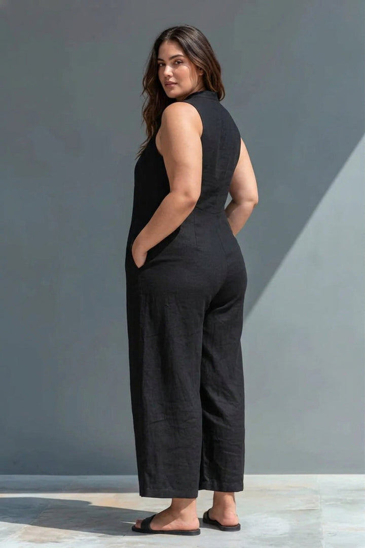 Signy - Black Linen-Blend Collar Jumpsuit