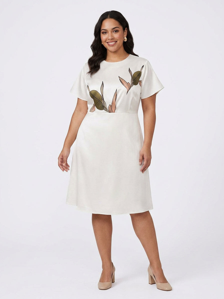 Rosa | White Leaf Short Sleeve Satin Midi Dress