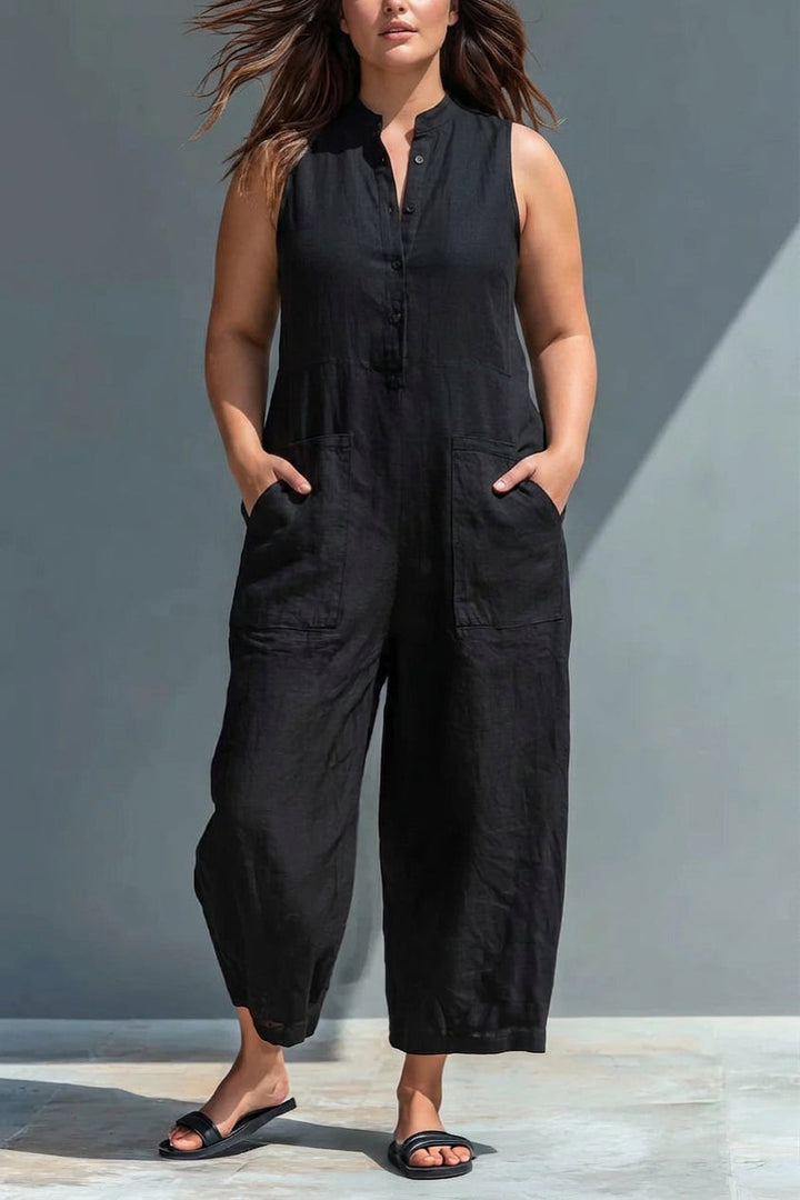 Signy - Black Linen-Blend Collar Jumpsuit