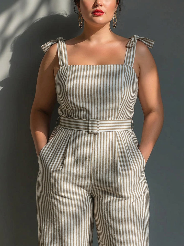 Gwendolyn - Beige Stripe Linen-Blend Tie-Shoulder Jumpsuit