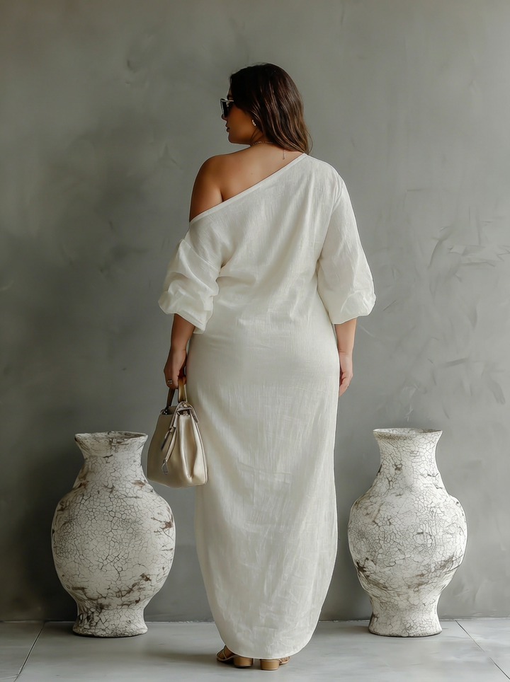 Elegant Flowing Dress in Ivory White with Off-Shoulder