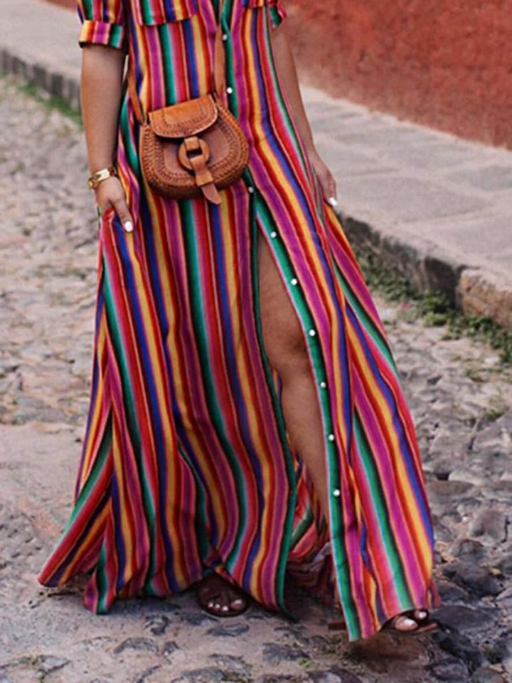 Lark | Summer Casual Striped Printed Shirt Maxi Skirt