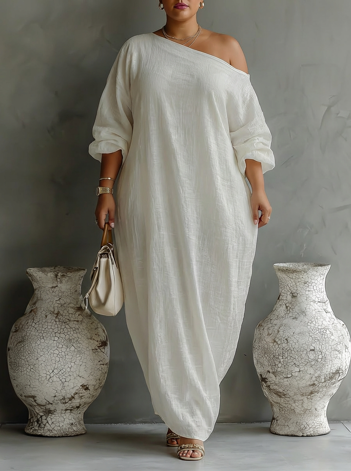 Elegant Flowing Dress in Ivory White with Off-Shoulder