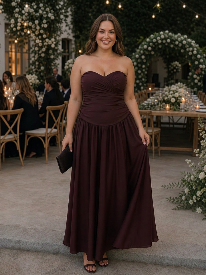 Clemence | Strapless Ruched Bodice Midi Dress