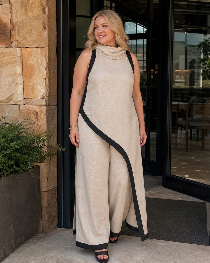 Genevieve | Contrast Trim Sleeveless Layered Top And Wide Leg Trousers Set