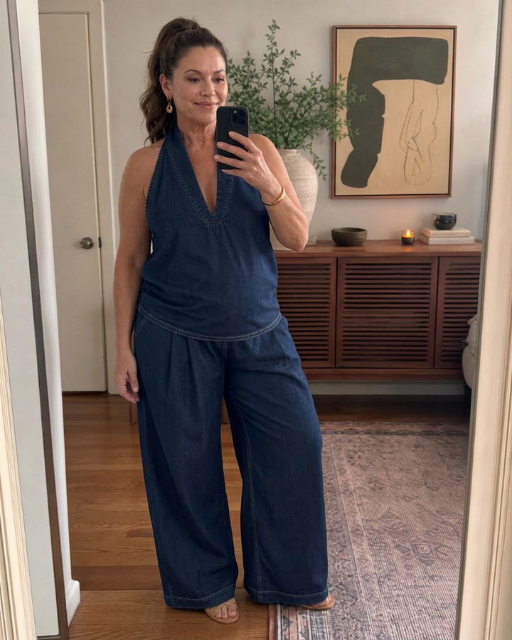 Opaline | Halter Neck Denim Top And Wide Leg Trousers Set