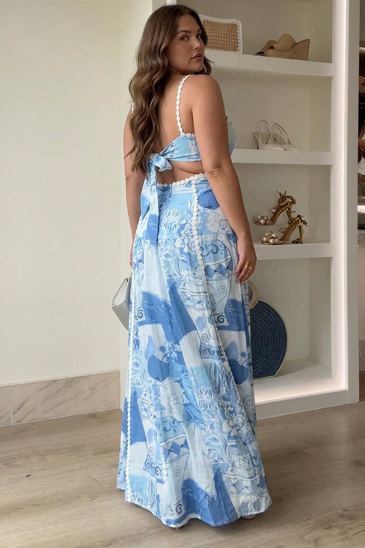 Mira | Ric Rac Strap Bow Back Printed Maxi Dress