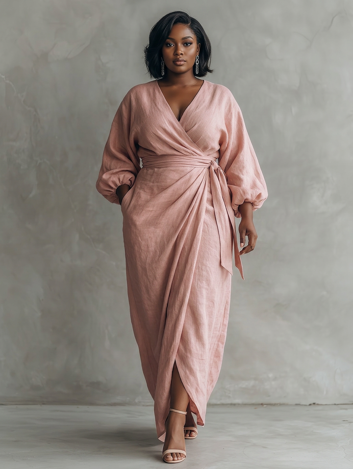 Pink Minimalist Maxi Dress with V-Neck for Women