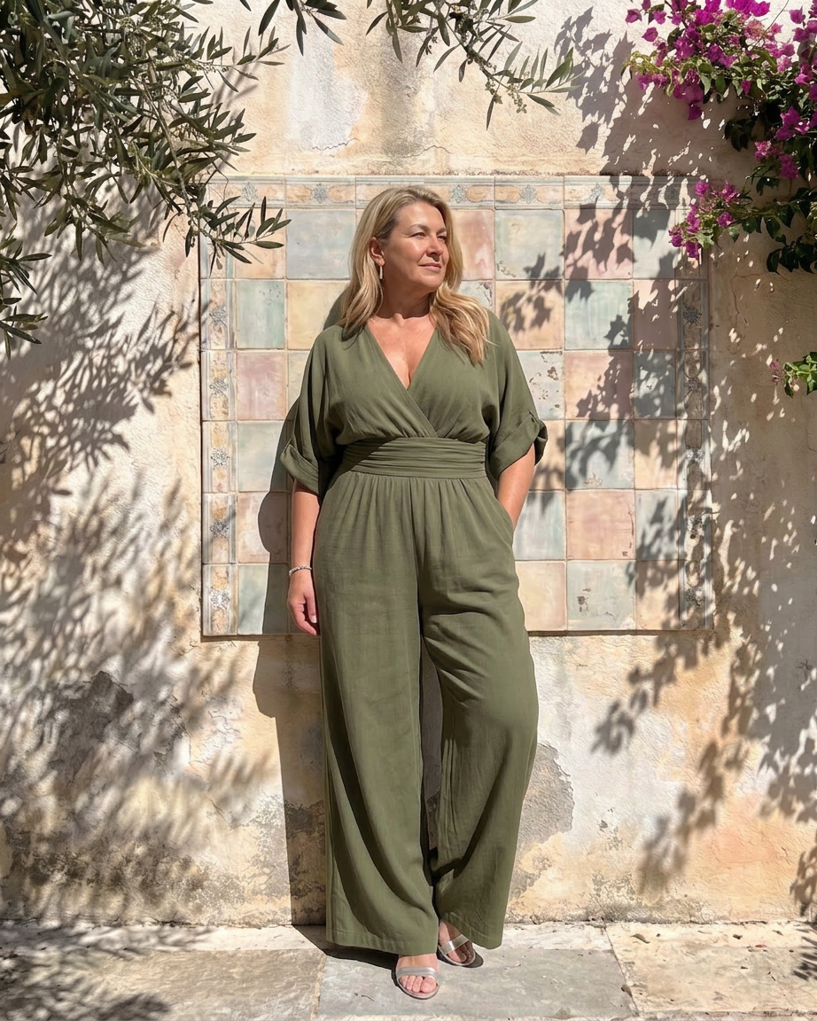 Ottilie | Draped V Neck Wide Leg Relaxed Jumpsuit