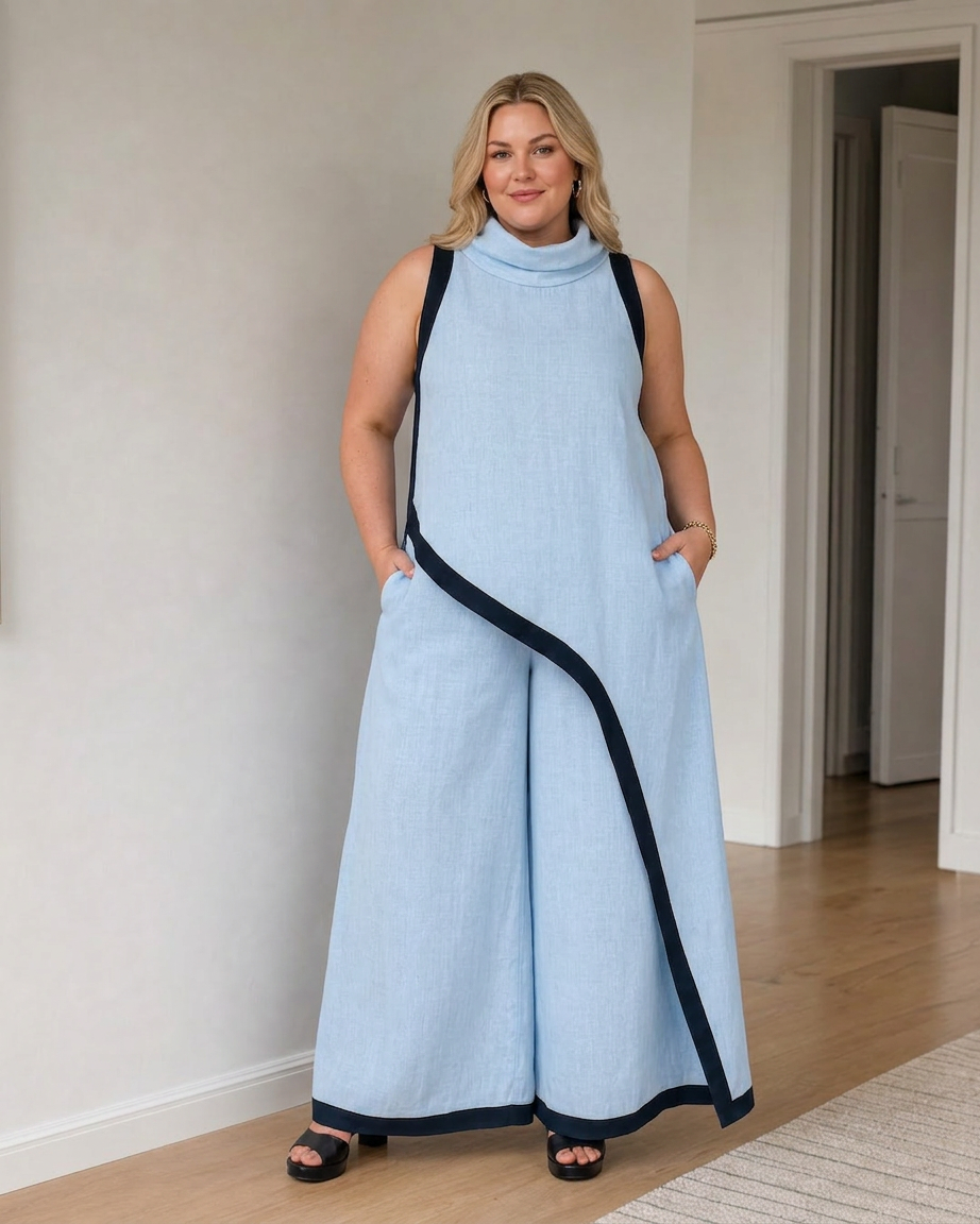 Genevieve | Contrast Trim Sleeveless Layered Top And Wide Leg Trousers Set