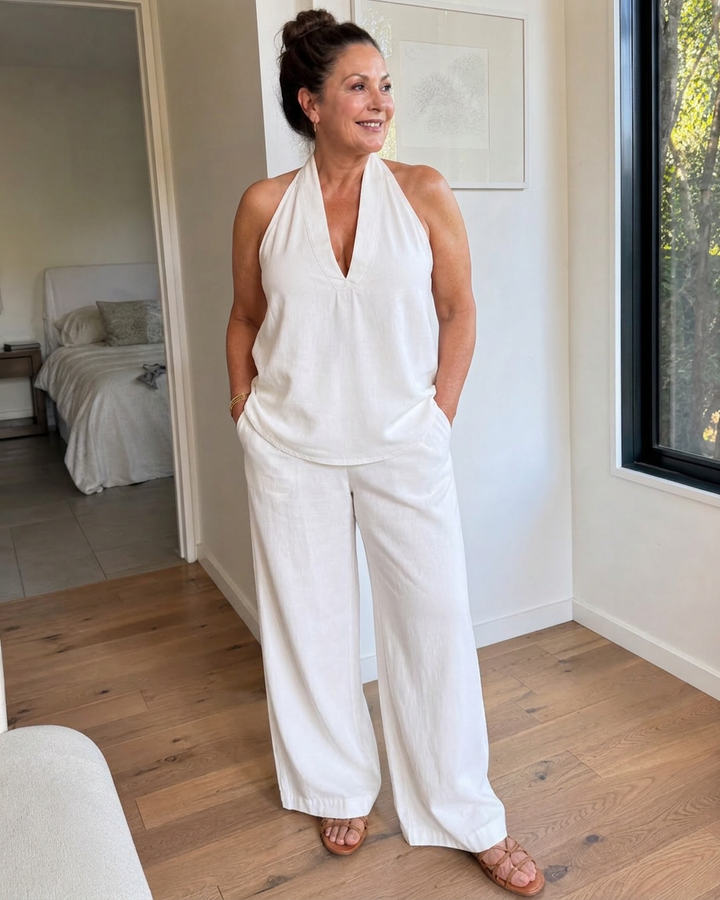Opaline | Halter Neck Denim Top And Wide Leg Trousers Set