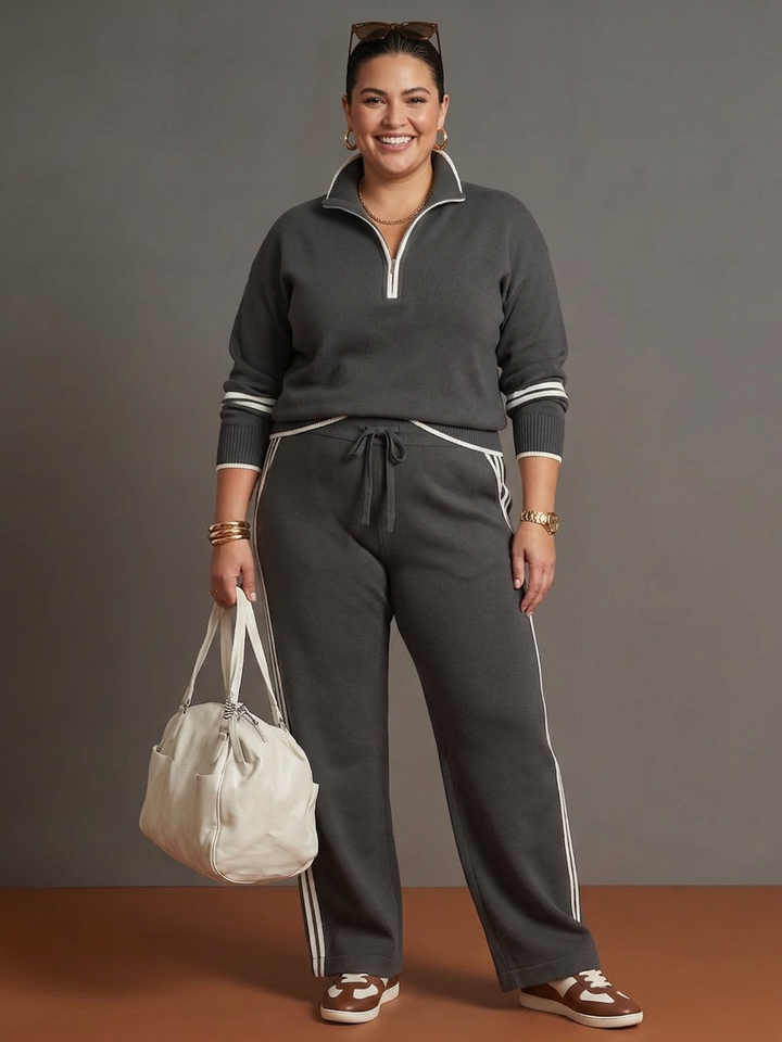 Greer | Zip Neck Long Sleeve Side Stripe Leg Trousers Set