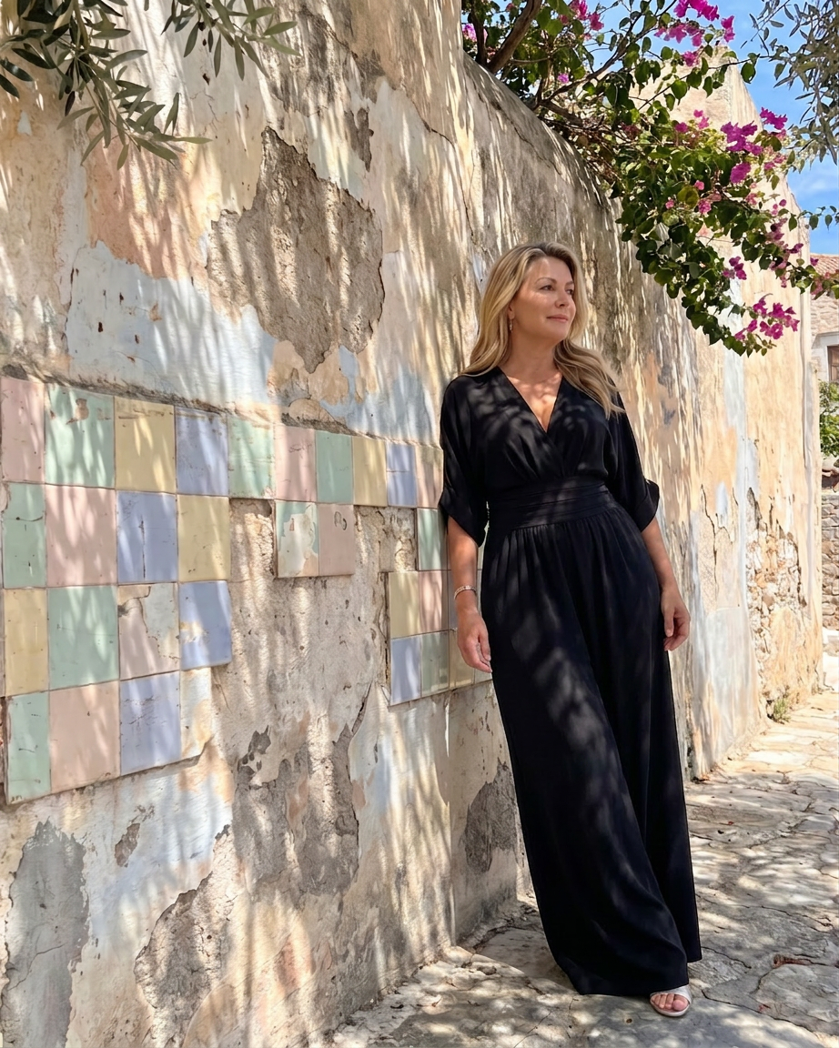 Ottilie | Draped V Neck Wide Leg Relaxed Jumpsuit