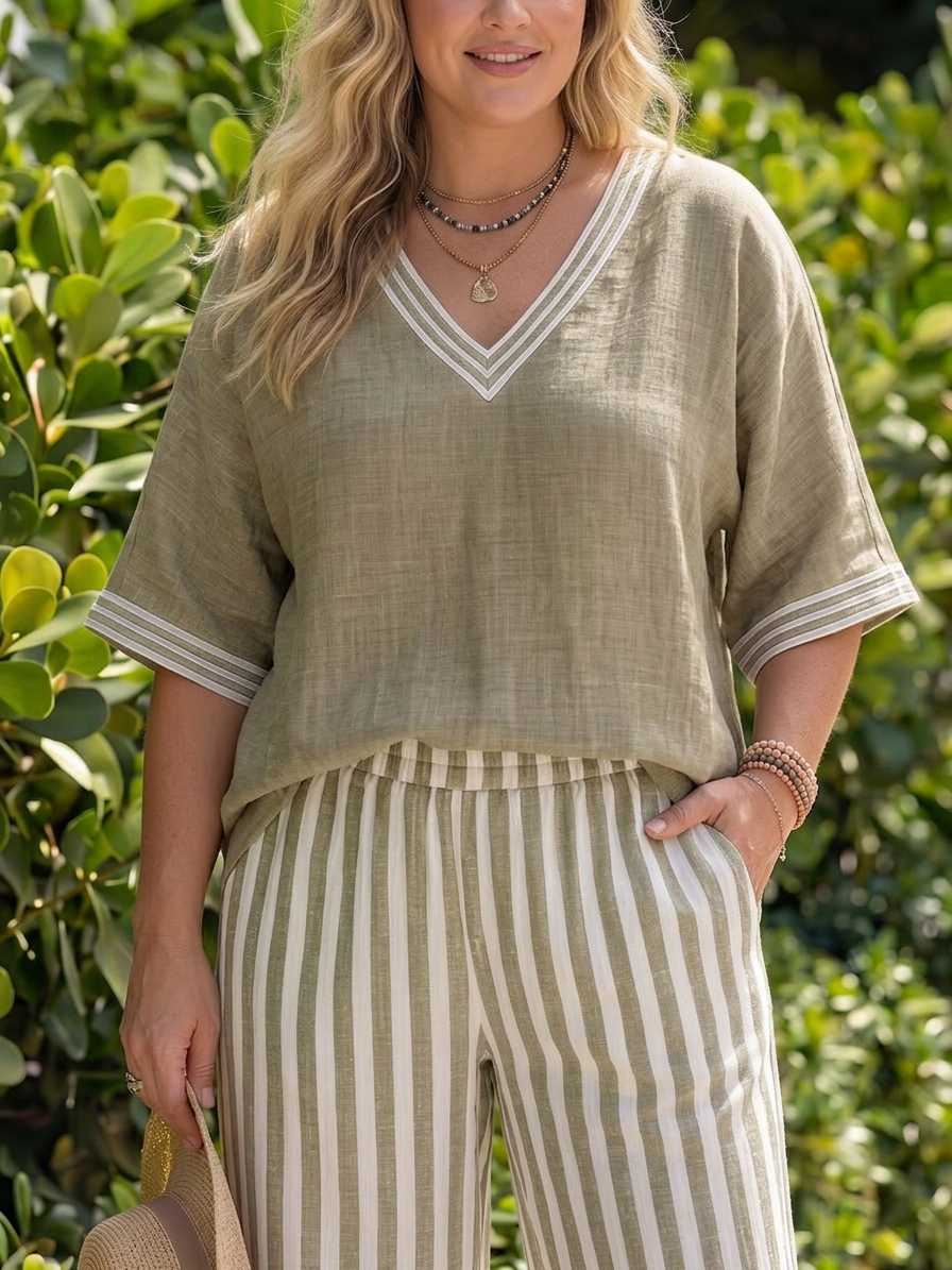 Anya | Contrast V Neck Tunic Stripe Trouser Set