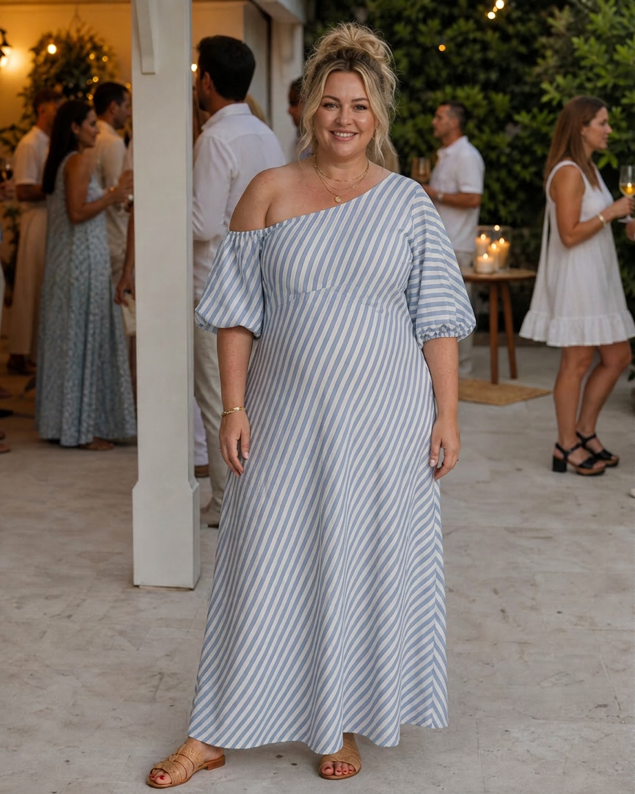 Seraphina | Striped Off Shoulder Puff Sleeve Midi Dress