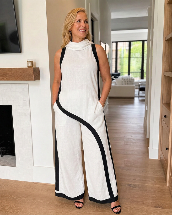 Genevieve | Contrast Trim Sleeveless Layered Top And Wide Leg Trousers Set