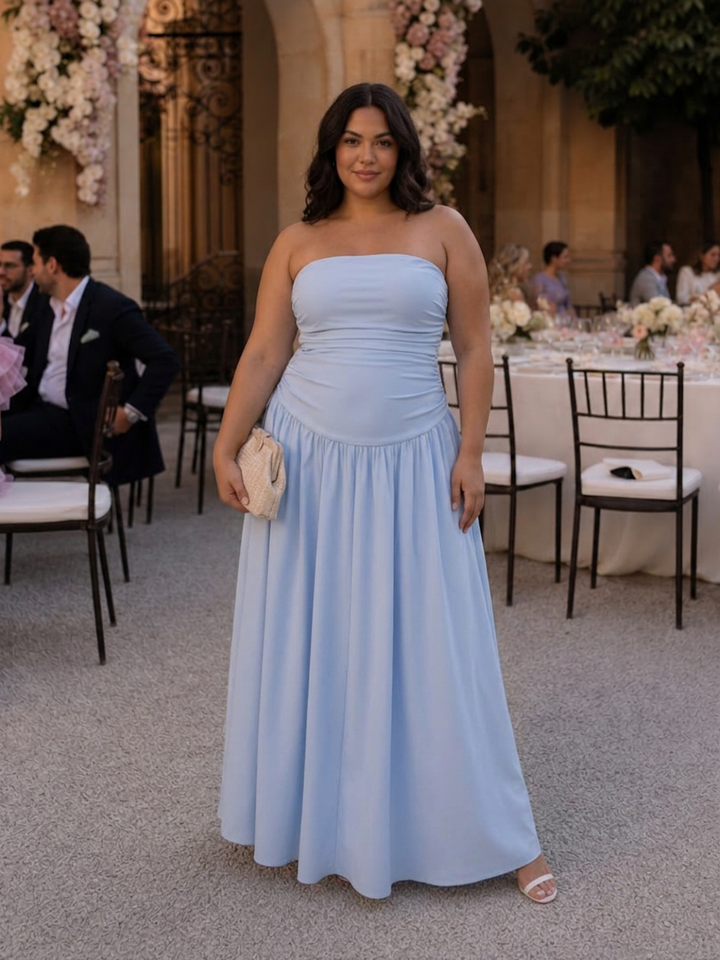 Clemence | Strapless Ruched Bodice Midi Dress