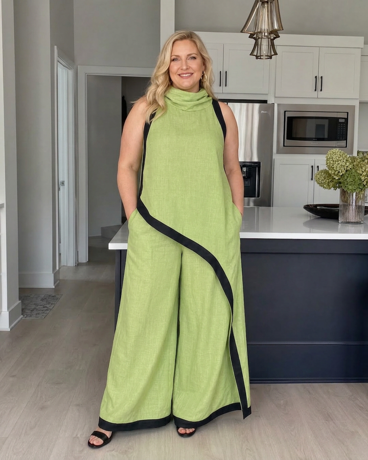 Genevieve | Contrast Trim Sleeveless Layered Top And Wide Leg Trousers Set