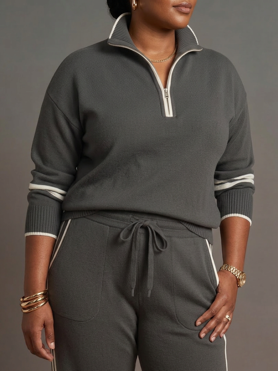 Greer | Zip Neck Long Sleeve Side Stripe Leg Trousers Set