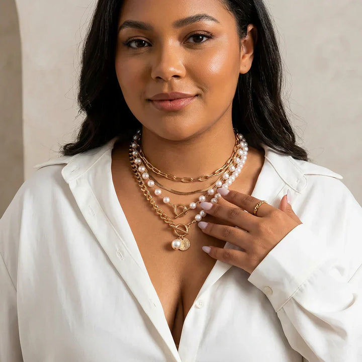 Vintage Pearl &amp; Gold Snake Chain Necklace Set | Gold