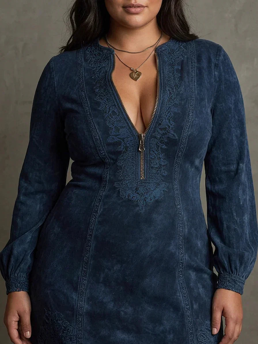 Layla – Blue Suede Mini Dress with Lace