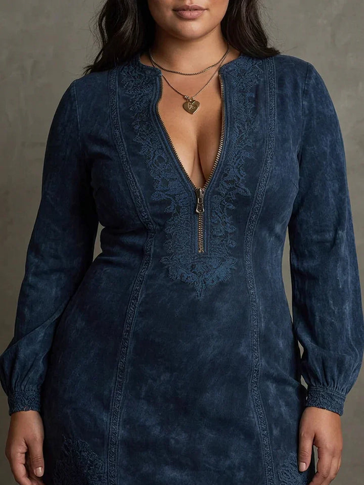 Layla – Blue Suede Mini Dress with Lace