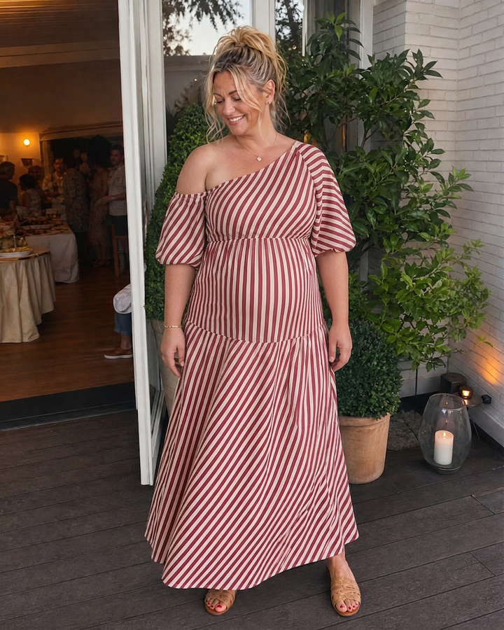Seraphina | Striped Off Shoulder Puff Sleeve Midi Dress