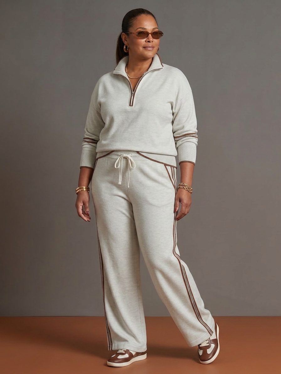 Greer | Zip Neck Long Sleeve Side Stripe Leg Trousers Set
