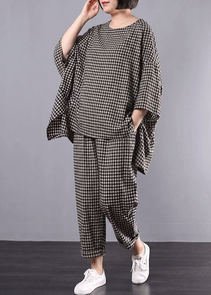Elke - Casual Plus Size Cotton Linen red Plaid Vintage Blouse And Trousers