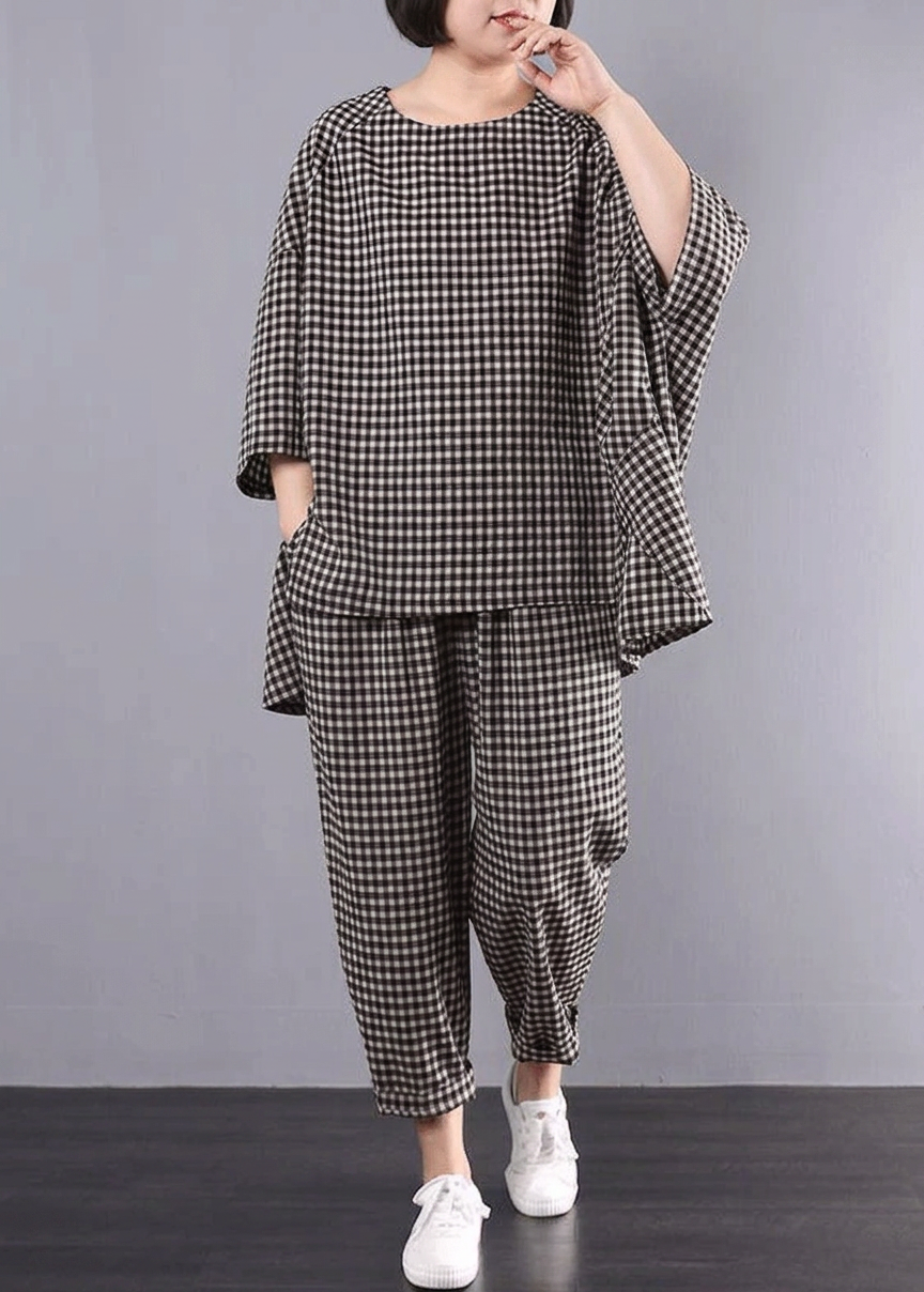 Elke - Casual Plus Size Cotton Linen red Plaid Vintage Blouse And Trousers