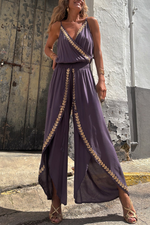 Irina - Tamia Gold Trim Elastic Waist Slit Wide Leg Slip Jumpsuit