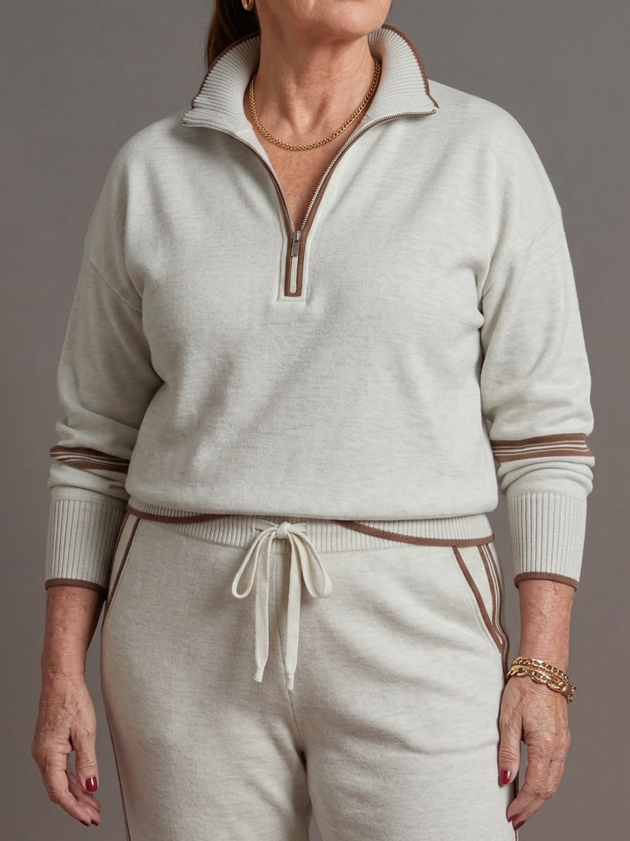Greer | Zip Neck Long Sleeve Side Stripe Leg Trousers Set