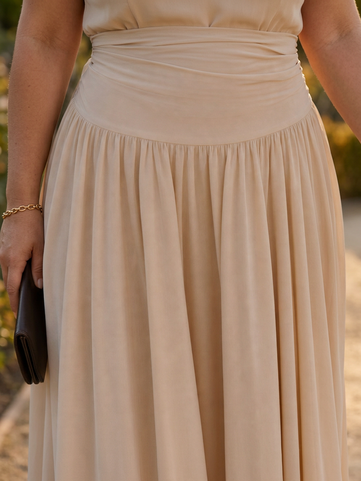Clemence | Strapless Ruched Bodice Midi Dress