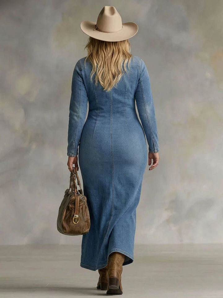 Gwen | V-neck Single Button Side Split Denim Long Sleeve Maxi Dress