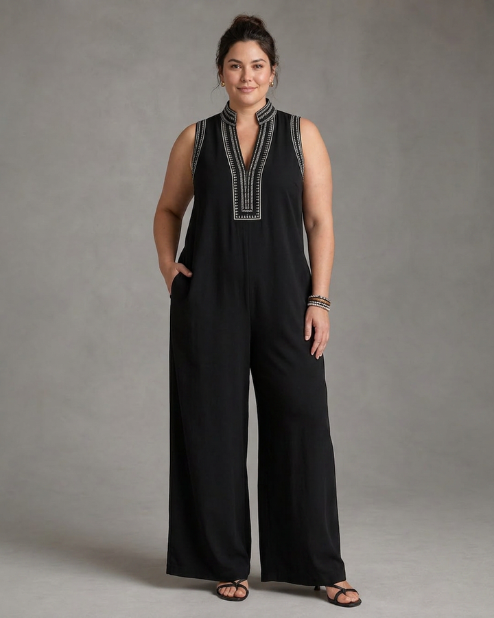 Wilhelmina | Embroidered V Neck Sleeveless Wide Leg Jumpsuit