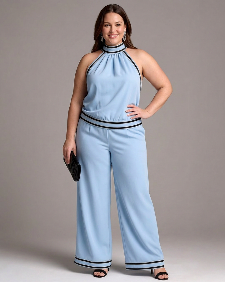 Saffron | Contrast Trim Halter Neck Wide Leg Jumpsuit