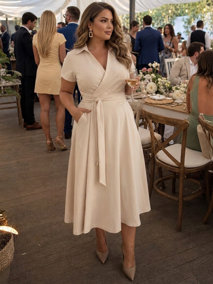 Eulalia | Short Sleeve Collared Wrap Waist Midi Dress