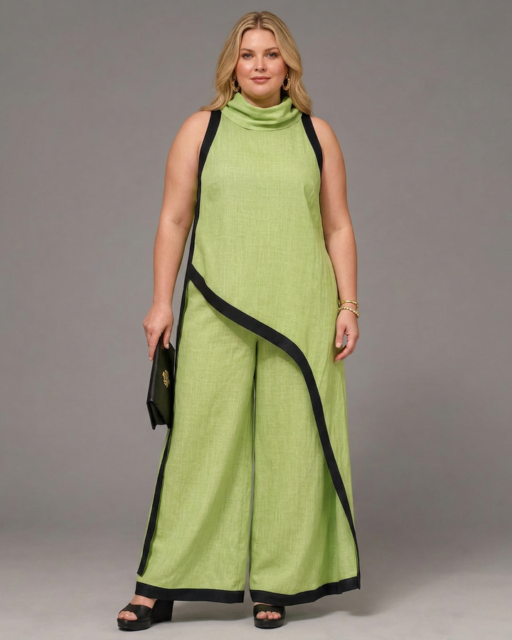 Genevieve | Contrast Trim Sleeveless Layered Top And Wide Leg Trousers Set