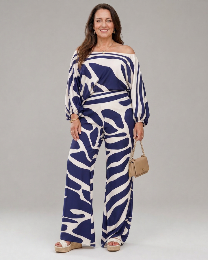 Calliope | Abstract Print Off Shoulder Top And Wide Leg Trousers Set