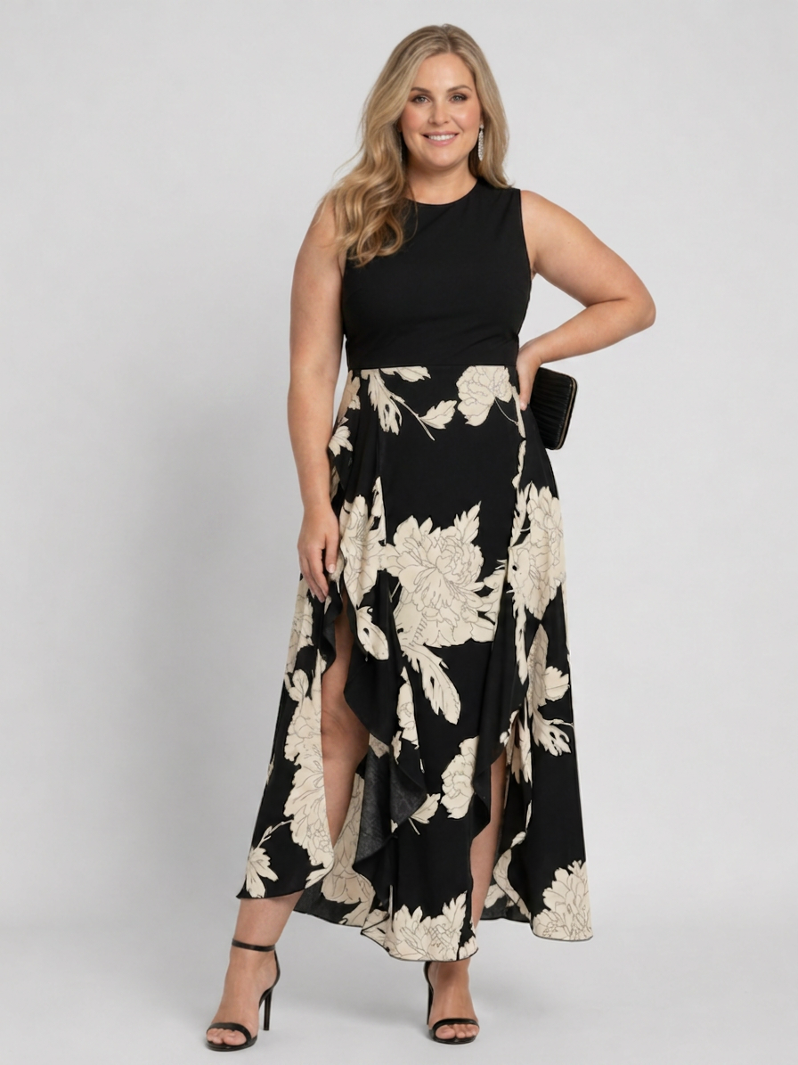 Shiloh | Sleeveless Floral Print High Low Hem Midi Dress