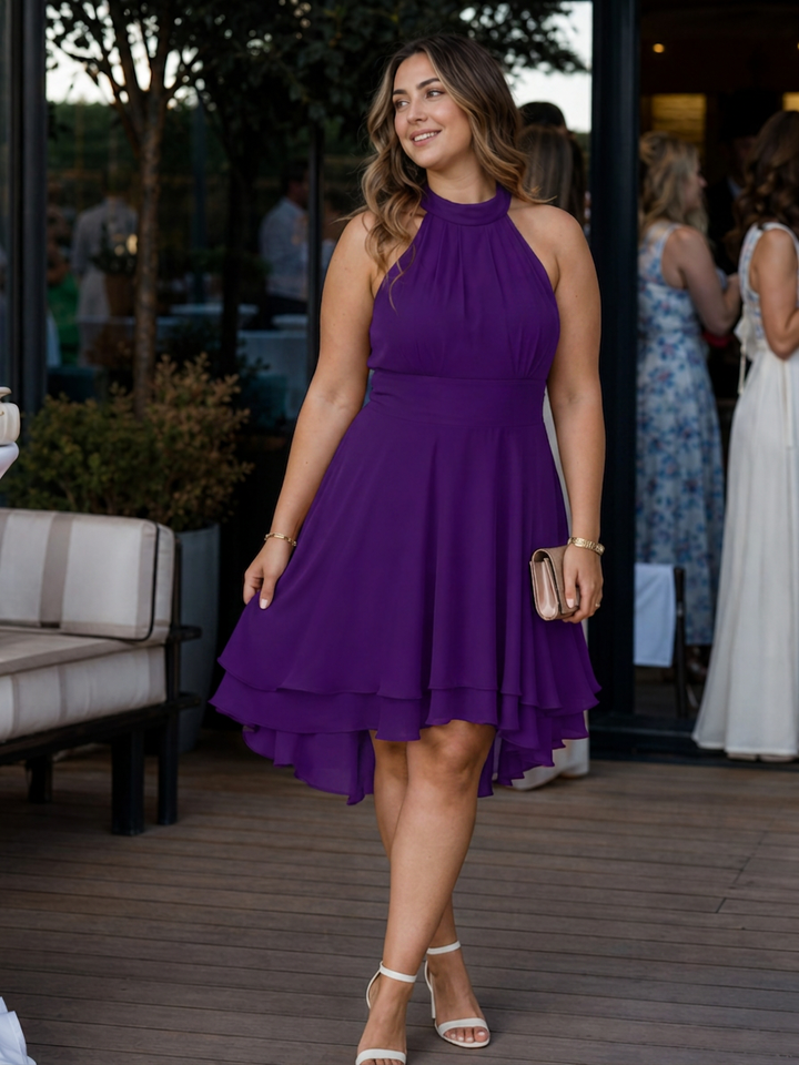 Rin | Halter Neck Layered Hem Knee Length Dress