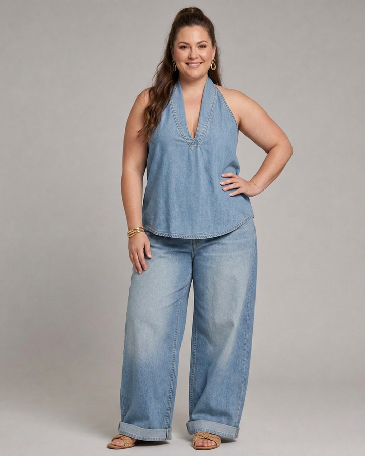 Opaline | Halter Neck Denim Top And Wide Leg Trousers Set