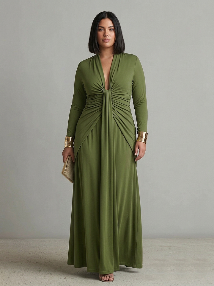 Petra Green Long Dress in Stretch Silk with Deep V-Neck and Ruffled Details, Glamour Maxi Dress