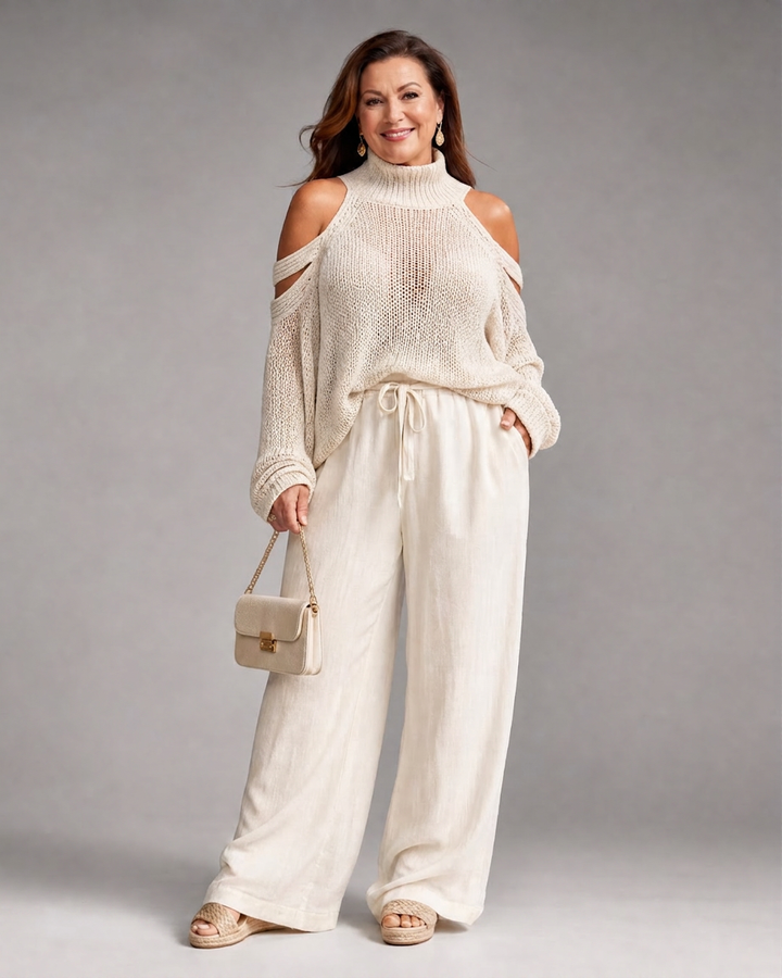 Vesper | Cold Shoulder Knit Jumper Wide Leg Trousers Set