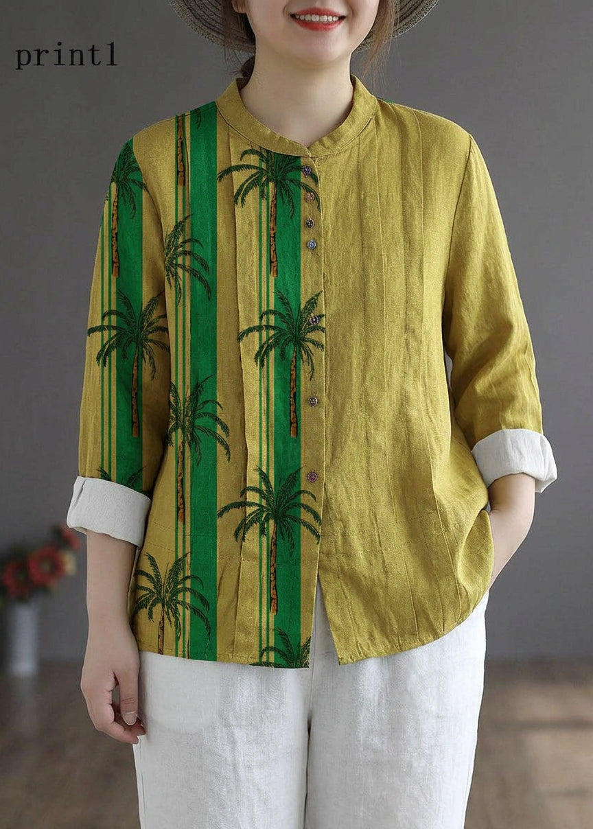 Marguerite - Women Yellow Elegant Button Fall Top Long Sleeve Linen